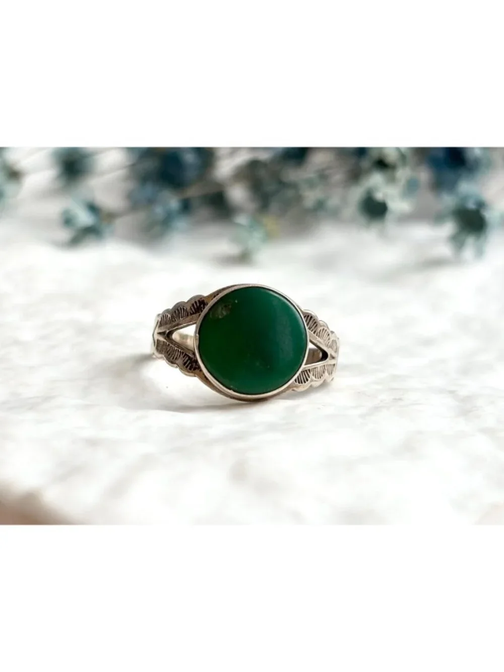 Green Turquoise Cabochon Inlaid Sterling Silver 925 Vintage Ring - sz 5.25